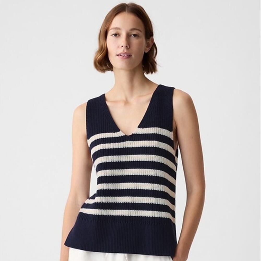 Gap Relaxed Striped V-Neck 100% Cotton Sweater Vest Navy Ivory Size Small Petite